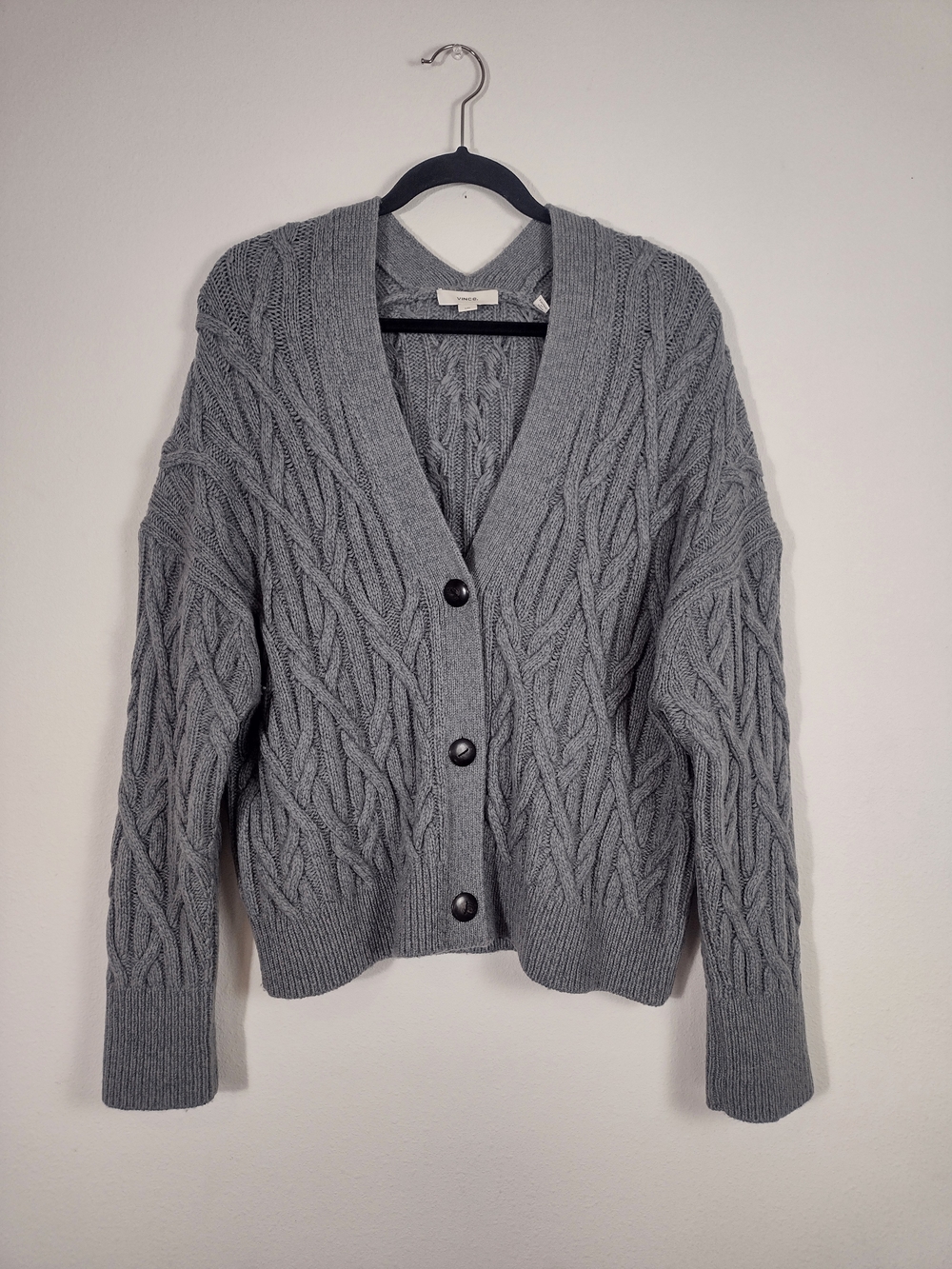 Vince Interlocking Cable Knit Merino Wool Cashmere V-Neck Cardigan Sweater Slate